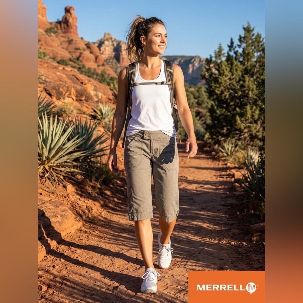 Merrell Tan Outdoor Utility Shorts with Embroidered Logo